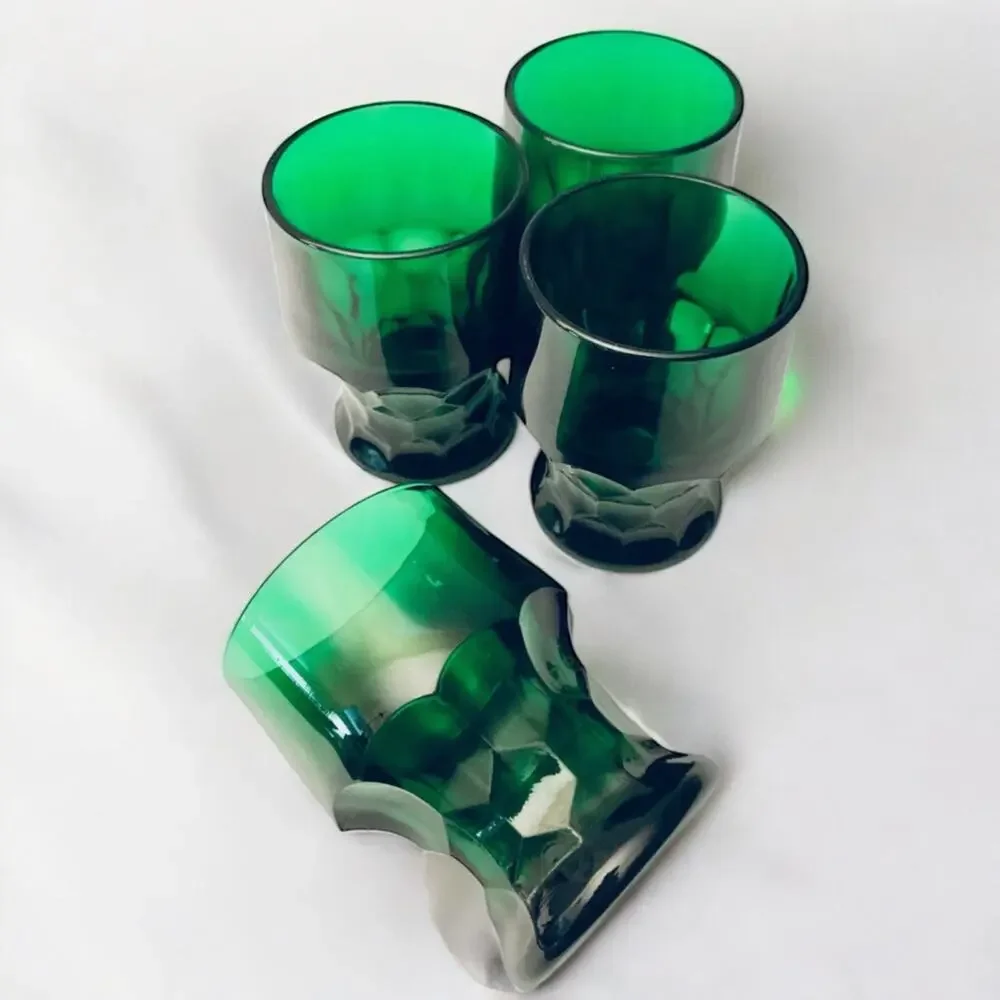4 Vtg Georgian Emerald Green Tumbler Glasses Honeycomb Drinkware 4.25” MCM - Picture 3 of 5